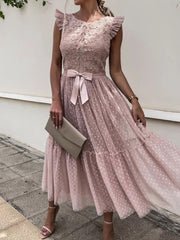 Pbong Women Elegant Turtleneck Lace Patchwork Party Dress Sexy Sleeveless Ladies Summer Mesh Ruffle Dress Cute Princess Lace-Up Dress