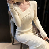 Vintage Knitted Dresses for Women Long Sleeve Sweater Elegant Party Female Office Lady Slim One-Piece Dress Korean Autumn