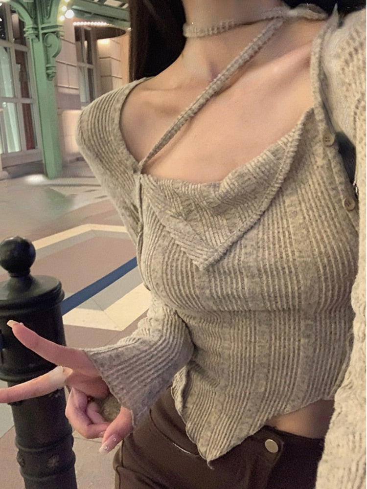 Autumn Elegant Knitted Sweater Women Long Sleeve Y2k Crop Tops Korean Style Short Pullover Pure Color Fashion Blouse Design