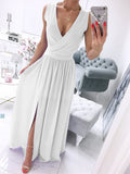 New Sexy V-Neck Women Sleeveless Solid Party Dress Casual Draped Festive Dress Elegant Summer Chiffon Wrap Slit Maxi Dress Mujer