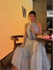 French Elegant Women's Summer Fashion New Sleeveless Strapless Bowknot Blue Long Skirt Kawaii Vest Prom Dress