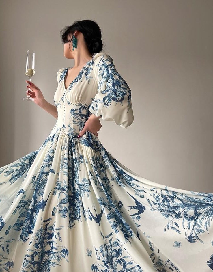 Summer Women New French Vintage Floral Print Party Midi Dresses Elegant V-Neck Lantern Sleeve Prom Clothes Vestidos  Robe