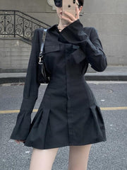 Black Shirt Dress Women Elegant Vintage Long Sleeve Dresses Sexy Gothic Pleated Streetwear Turn-down Collar Casual Robe