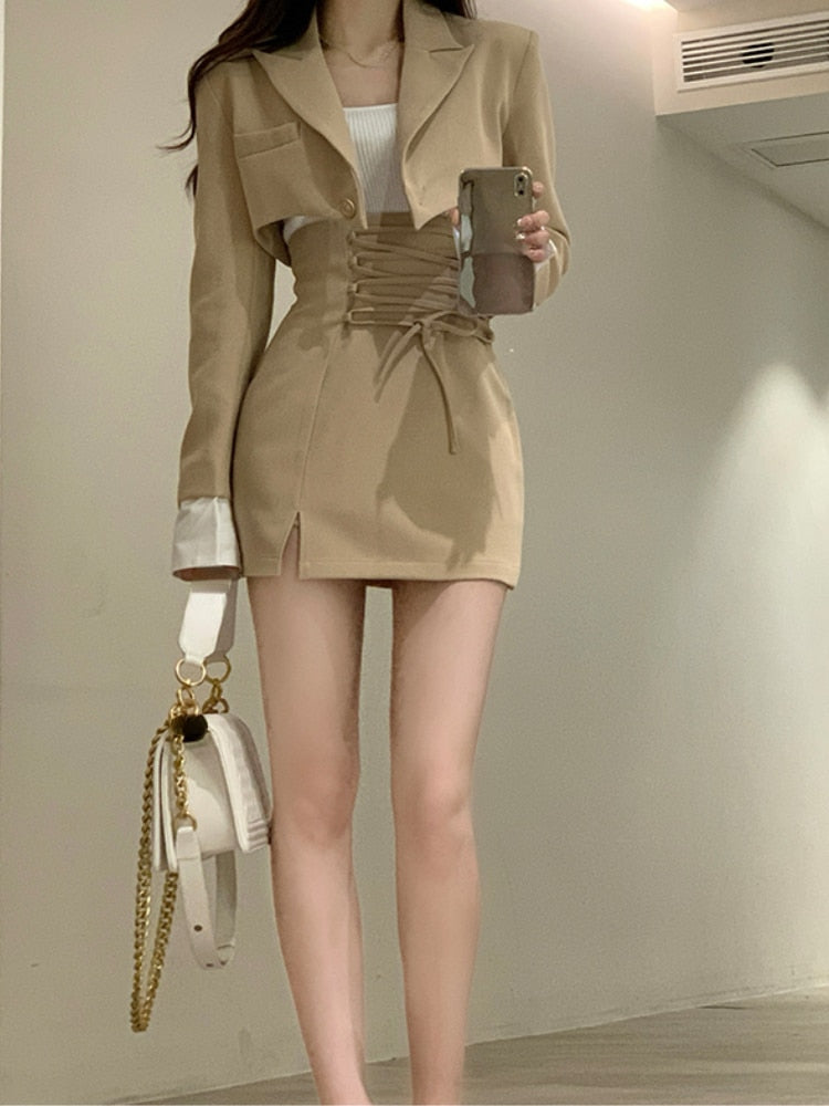 2 Piece Dress Set Women Casual Y2k Crop Tops Elegant Jacket Coats + Mini Skirts Korean Fashion Suits Autumn Blazers Dress