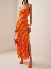 Elegant Pretty Women's Long Dresses Summer Solid Strapless High Waist Backless Ruffles Bandage Formal Evening Party Dress