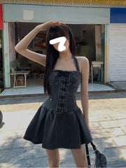 Summer Sexy Sleeveless Slim Denim Dress Woman Vintage Strap Y2k Mini Dress Party One Piece Dress Korean Fashion Design