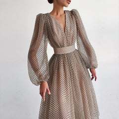Pbong mid size graduation outfit romantic style teen swag clean girl ideas 90s latina aestheticSashes Transparent Sexy Polka Dot Dress Chiffon Women Deep V Neck Vintage Mesh Organza Elegant Summer Female Casual Long Clothes