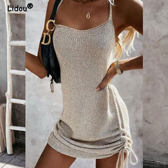 Sleeveless Sling Mini Short Dress Casual Fashion Backless Drawstring Low Collar Solid Sexy Spring Summer New Women Dresses