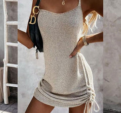 Sleeveless Sling Mini Short Dress Casual Fashion Backless Drawstring Low Collar Solid Sexy Spring Summer New Women Dresses
