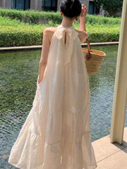 Summer French Temperament White Bohemian Seaside Resort Style Sexy Loose Hanging Neck Character Sleeveless Mid-length Dress