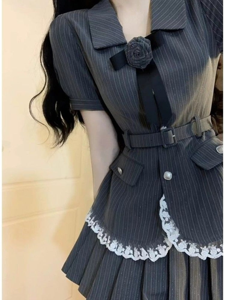 Striped Elegant 2 Piece Dress Set Women Short Sleeve Vintage Y2k Crop Top Blouse + Mini Skirt Summer Korean Fashion Suits