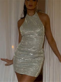 Silver Shiny Halter Party Dress Women Sexy Sleeveless Slim Bodycon Mini Dress Ladies Evening Night Club Vestidos Outfits