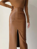 Spring Autumn Women Fashion High Waist Pu Midi Skrits Lady Slim Elegant Split Solid Color Faux Leather Skirts