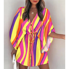 Summer Boho Mini Dress Women Flora Print Batwing Sleeve Lace-Up V Neck Loose Button Dresses Ladies Beach Party Dress Vestido
