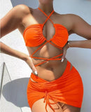 3 Pieces Set Swimsuit Women High Waist Swimwear Sexy Lace Up Micro Bikini Set With Skirt Solid Beachwear Bathing Suit