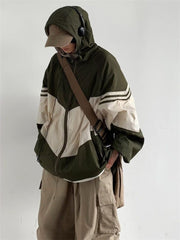Gorpcore Vintage Hooded Jacket Women Japanese Style Quick Dry Green Outerwear Oversized Harajuku Retro Patchwork Brown Top
