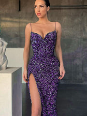 Women Evening Slip Dress Elegant Luxury Woman V-neck High Waist Tunic Midi Wedding Birthday Party Sequin Dresses Purple Red
