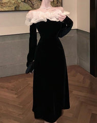 Korean Fashion Velvet Midi Dress Woman Long Sleeve Sexy Dress Elegant Pure Color French Vintage Dress Off Shoudler Design