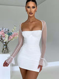 Elegant Backless Sexy Mini Dress For Women Robe Two Layer Mesh Full Sleeve Zipper Bodycon Party Short Dress Vestido