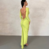 Backless Maxi Dress Elegant Red Long Sleeve Sexy Ruched Bodyocn Evening Party Dress for Women Spring Slim Christmas Outfits
