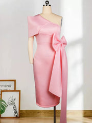 Women Pink Dress One Shoulder with Bowtie Waist Belt Party Christmas Elegant Slim Birthday African Event Celebrate Occasion New Pbong mid size graduation outfit romantic style teen swag clean girl ideas 90s latina aesthetic