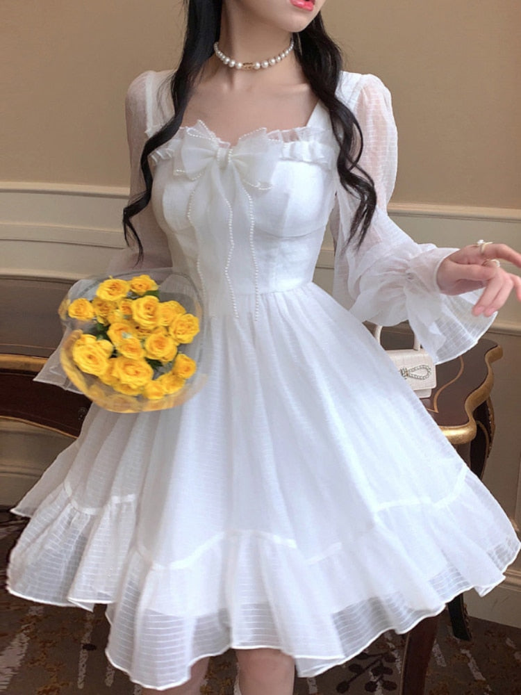 White Kawaii Dress Women Chiffon Lolita Style Long Sleeve Mini Dresses Bow Fairy Robe Ruffles Patchwork Square Collar