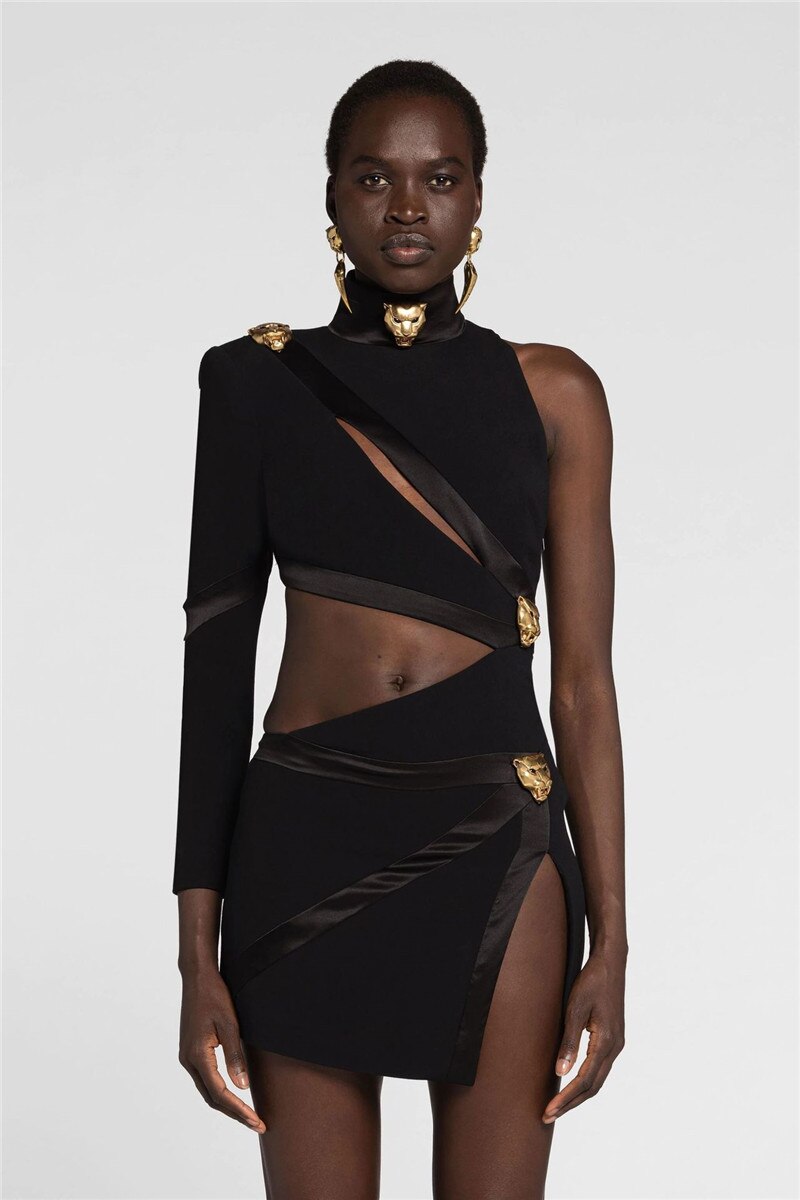 New Style One Shoulder Women Bandage Dress Fashion Patchwork Hollow Out Sexy Outfits Black Nightclub Party Female Vestidos
