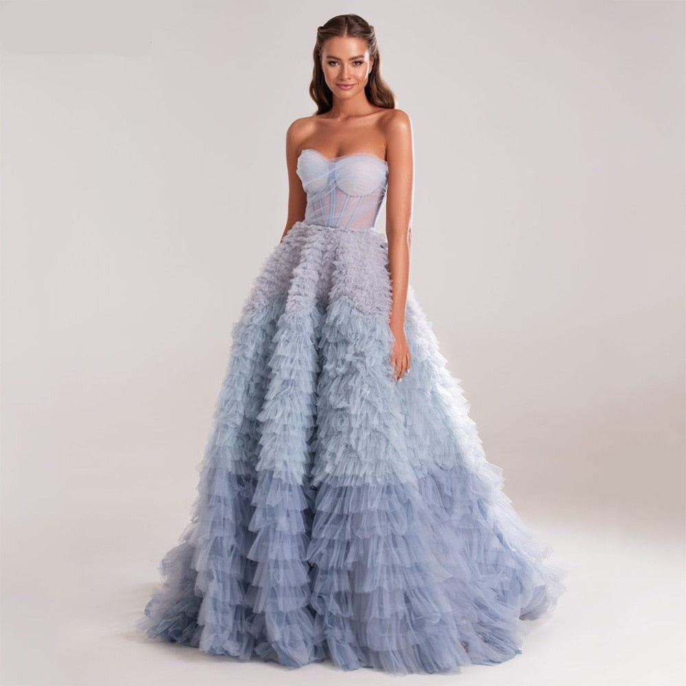 Blue Prom Dresses Tiered Ruffles Tulle  Pleat Ruched A-Line Backless Saudi Arabic Women Party Evening Gowns