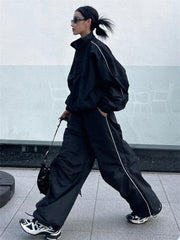 90s Vintage Black Pants Sets Women Y2K Streetwear Jacket Oversize Wide Leg Track Trousers Gorpcore Two Piece Set Tracksuit