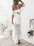 Women Sexy Solid Mesh Hollow Outfits Elegant Lace Strapless Tops+Slim Long Irregular Skirt Suits New Embroidery Ruffle Party Set