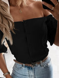 Women Sexy Slash Neck Lantern Sleeve Blouse Summer Solid Off Shoulder Single-breasted Tops Elegant Office Casual Shirt Cardigan