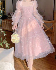 Lace Elegant Sequin Fairy Dress Women Pink Patchwork Vintage Party Midi Dresses Female Casual Sweet Princess Kawaii Dress