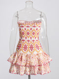 Hit Color Print Dresses For Women Halter Sleeveless High Waist Folds Tierred Dress Female Fashion Clothing
