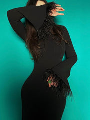 Fashion Feather Sleeve Dress Women Sexy Long Bodycon Dress Autumn Elegant Slim Wrap Dress Lady Black O-Neck Evening Party Dress