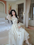 Yellow Sweet Korean Style Fairy Dress French Vintage Elegant Fairy Dress Women Summer Long Sleeve Evening Party Midi Dress