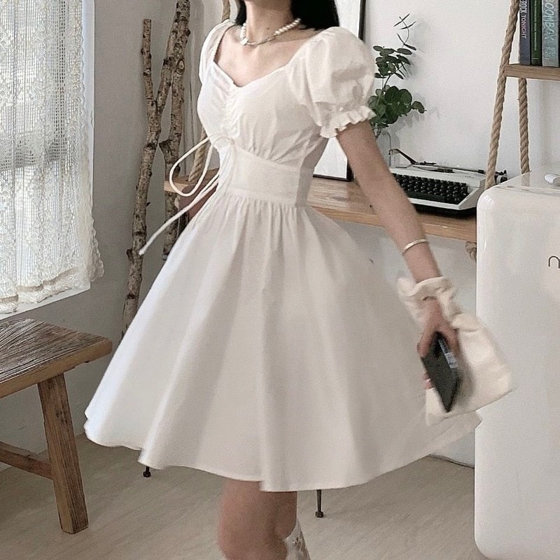 Sweet White Puff Sleeve Dress Women Mori Vintage Wrap Bodycon Short Dresses Preppy Style School Robes Female
