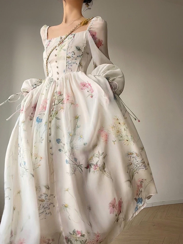 French Elegant Floral Midi Dress Chiffon Long Sleeve Evening Party Dre