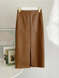 Spring Autumn Women Fashion High Waist Pu Midi Skrits Lady Slim Elegant Split Solid Color Faux Leather Skirts