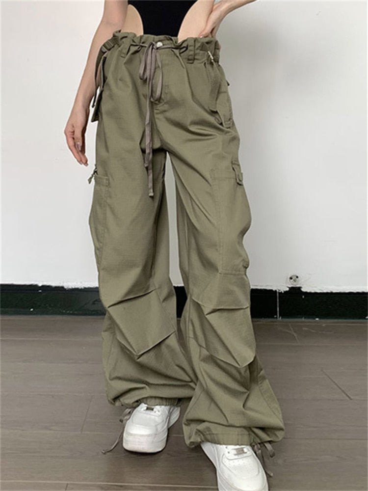 Y2K Green Low Waist Cargo Parachute Pants Women Hip Hop Streetwear Oversized Drawstring Wide Leg Trousers Harajuku Retro
