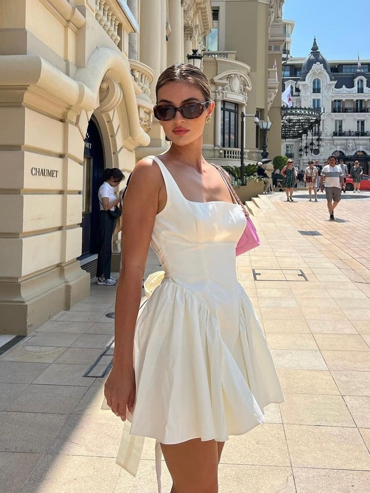 Summer Sexy Square Collar Backless Party Dresses Mini White Drape A Line Night Date Dress Big Bow Women New In Dress