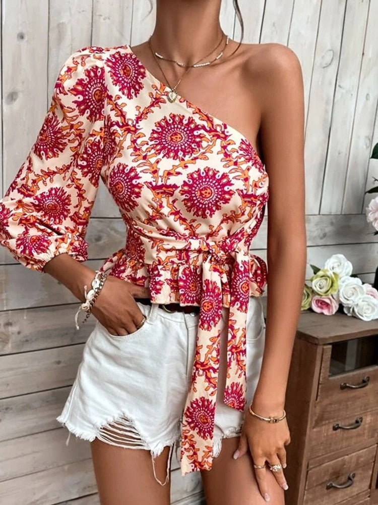 Women New Pattern Print One Shoulder Blosues Sexy Skew Collar Waist Lace-up T-Shirt Top Fashion Casual Office Long Sleeve Blusas