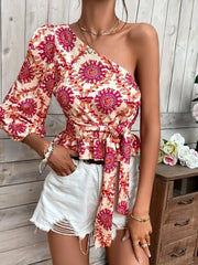 Women New Pattern Print One Shoulder Blosues Sexy Skew Collar Waist Lace-up T-Shirt Top Fashion Casual Office Long Sleeve Blusas