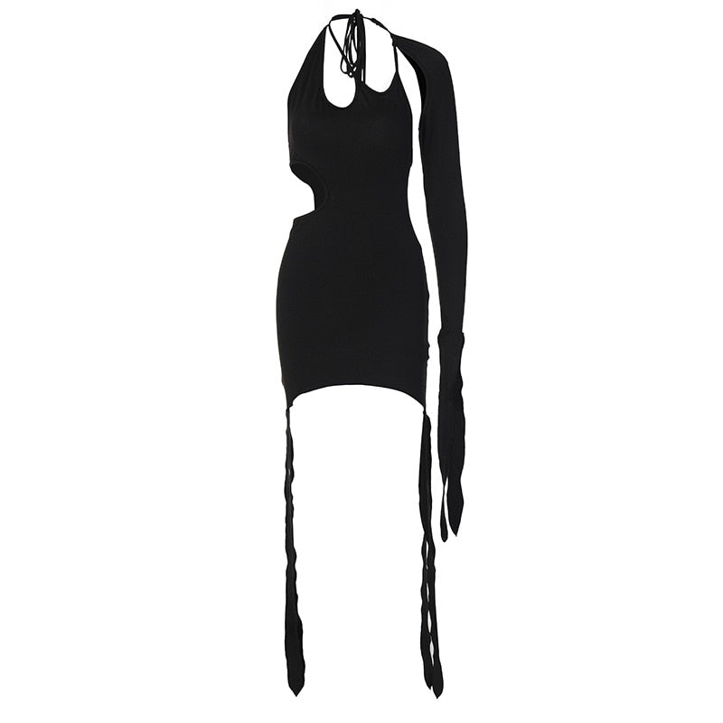 Dress Women Solid Sexy Cutout Sloping Shoulder Dress Fringe One Shoulder Sleeve Mini Dress Female Midnight Party Dress