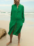 Summer Women Casual Shirts Dress Solid Linen V-Neck Buttons Female Fashion Elegant Street Loose Dresses Vestidos