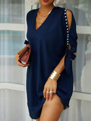 Women Elegant V Neck Party Dress Summer Sexy Hollow Out Sleeved Loose Dresses Casual Solid Office Ladies Mini Dress Size S-5XL