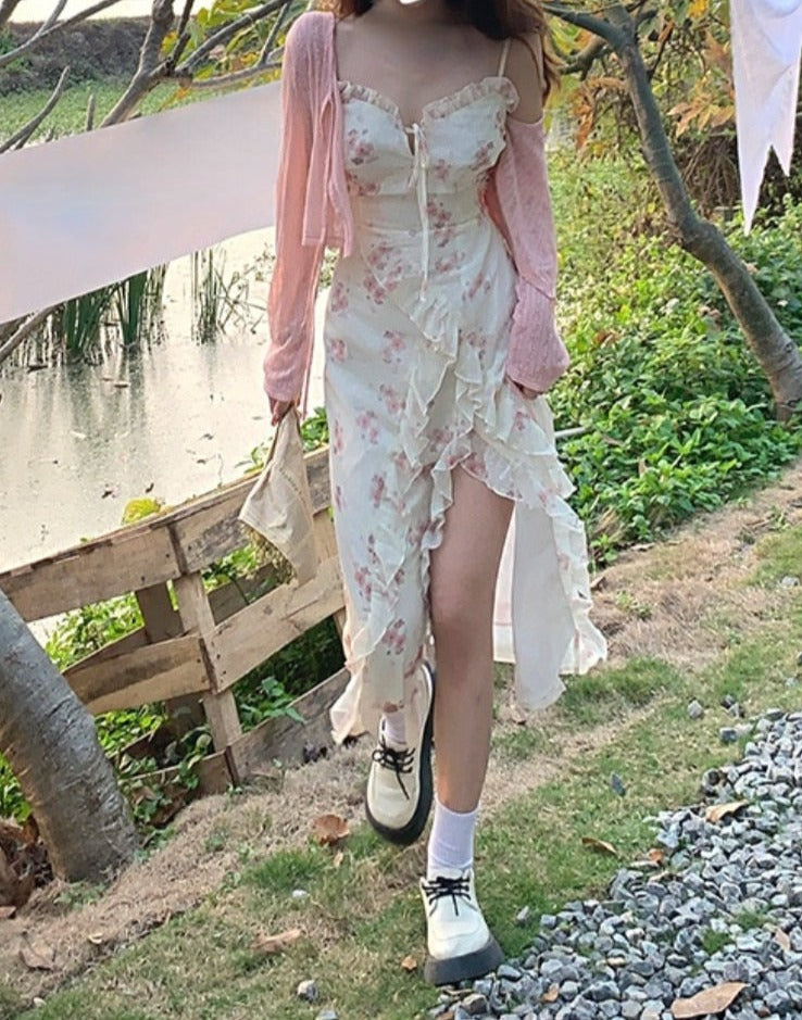 Summer Floral Sleeveless Midi Dress Elegant Sexy French Vintage Strap Dress Woman Party One Piece Dress Korean Fashion