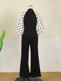 Women Black Jumpsuits Patchwork Sleeves Polka Dot See Through High Waist Slim Elegant Office Ladies One Piece Fashion Bodysuit  Pbong mid size graduation outfit romantic style teen swag clean girl ideas 90s latina aesthetic