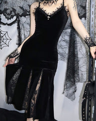 Lace Patchwork Gothic Elegant Mermaid Dresses For Women Grunge Velvet V-neck Black Midi Dress Sling Sexy Slim Clubwear