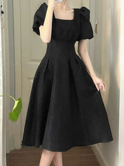 Vintage Elegant Wrap Dresses Woman French Retro Black Puff Sleeve Midi Dress Square Collar Summer Fashion Solid Kpop