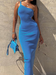 Women's Blue Solid Suspenders Maxi Dress Halter Hollow Out Split Long Dresses Female Autumn New 2022 Streetwear Vestido